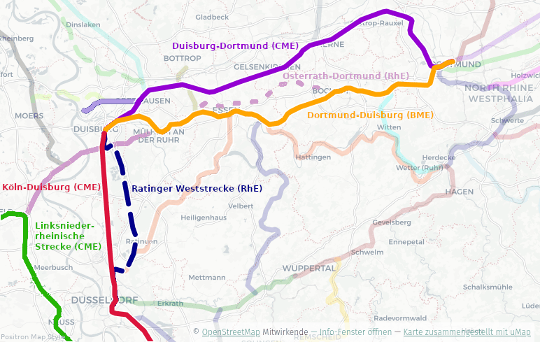 Netzplan der zentralen Bahnstrecken für Personenverkehr im Ruhrgebiet